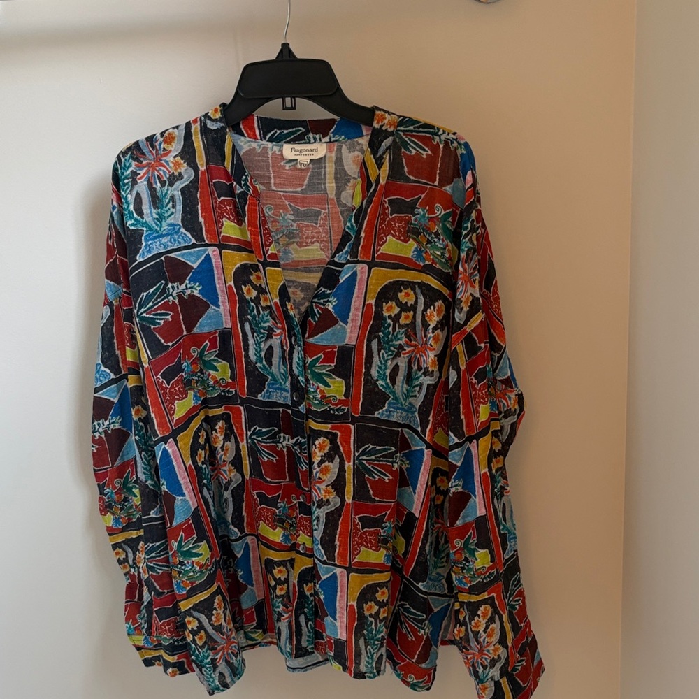 Fragonard Vibrant Patchwork Floral V-Neck Blouse - Multi